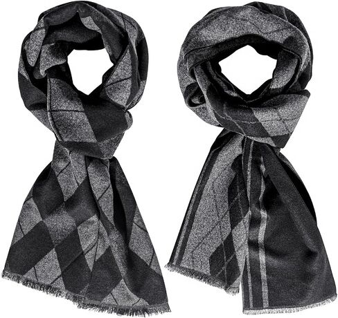 SUNOVELTIES Mens Winter Warm Scarf, 2 Pack Feel Wool Blend Tassel Soft Scarves Black Grey Long Grid Plaid Pattern in Saudi Arabia