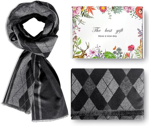 SUNOVELTIES Mens Winter Warm Scarf, 2 Pack Feel Wool Blend Tassel Soft Scarves Black Grey Long Grid Plaid Pattern in Saudi Arabia