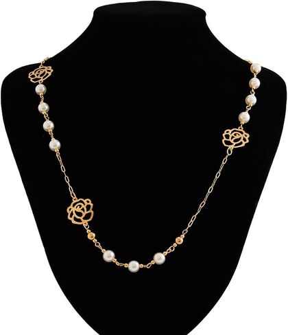 Gold and Long Pearl Necklaces for Women White Faux Pearl Necklace Camellia Flower Layered Pearl Necklace Charm Five Leaf Flower Sweater Chain Jewelry Gifts in Kuwait