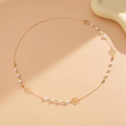 Gold and Long Pearl Necklaces for Women White Faux Pearl Necklace Camellia Flower Layered Pearl Necklace Charm Five Leaf Flower Sweater Chain Jewelry Gifts in Kuwait