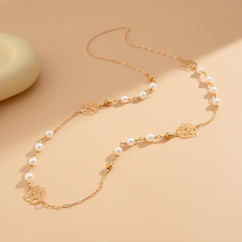 Gold and Long Pearl Necklaces for Women White Faux Pearl Necklace Camellia Flower Layered Pearl Necklace Charm Five Leaf Flower Sweater Chain Jewelry Gifts in Kuwait
