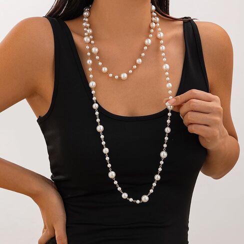 Gold and Long Pearl Necklaces for Women White Faux Pearl Necklace Camellia Flower Layered Pearl Necklace Charm Five Leaf Flower Sweater Chain Jewelry Gifts in Kuwait