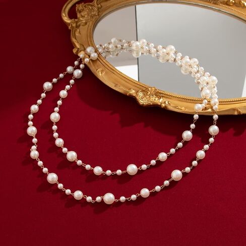 Gold and Long Pearl Necklaces for Women White Faux Pearl Necklace Camellia Flower Layered Pearl Necklace Charm Five Leaf Flower Sweater Chain Jewelry Gifts in Kuwait
