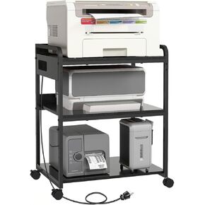 Printer Stands with Charging Station, 25.2 x 18.9 Inch Large Printer Stand with Wheels for Home Office, 3 Tier Printer Table with Power Outlet USB Port, Printer Shredder Stand, Black