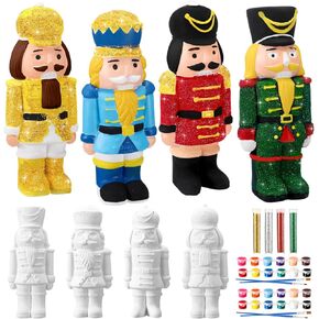 Poen Set of 4 Ceramic Christmas Nutcrackers Figurines Paint Craft Kit Unpainted Ceramics Plaster Nutcracker Keepsake for Holiday Party Decorations Paint and Brushes Included