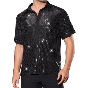 Lars Amadeus Sequins Shirt for Men's Metallic Short Sleeves Summer Disco Party Sparkly Shirt