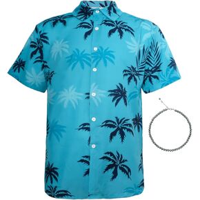 Mens Video Game Character Hawaiian Shirt Family Short Sleeve Button Down Summer Holiday Beach Shirts with Necklace