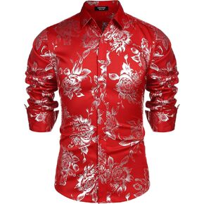 COOFANDY Men's Rose Shiny Shirt Luxury Flowered Printed Button Down Shirt
