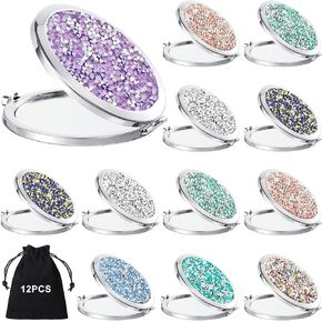 Cindeer 12 Pcs Small Compact Mirror Folding Pocket Makeup Mirror Round Hand Held Mirror Cosmetic Magnifying Compact Mirror Rhinestone Mirror with 1X/2X Magnification for Women Travel (Stylish Colors)