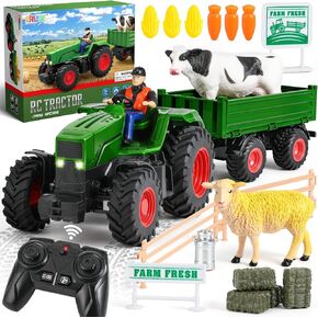 FRUSE Remote Control Tractor Toy,RC Tractor Set & Truck and Trailer,Tractor Toy with 2 Rechargeable Batteries,Light,Farm Toys Include Cows,Sheep and Hay Bales,Toys for 3 4 5 6 7 8 Years Old Boys Girls