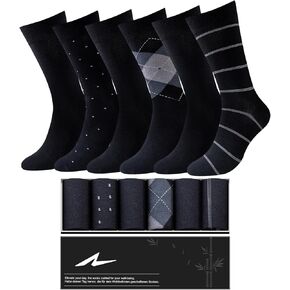 Mens Dress Socks, 6 Pairs Soft Breathable Bamboo Rayon Socks, Classic Mid Calf Socks for Men with Exquisite Box