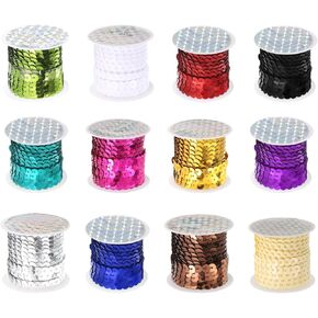 MECCANIXITY 12 Roll 60 Yards Flat Sequin Strip 6mm Laser Sequins Fabric Paillette Spangle Sequins Trim for Crafts DIY Sequin Fringe Sewing 12 Color