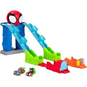 MARVEL Spidey and His Amazing Friends Spidey’s Mega Jump HQ Track - 39-Inch Dual Race Track with Elevator, Control Center, Web Tunnels and Two Exclusive Amazing Metals Vehicles