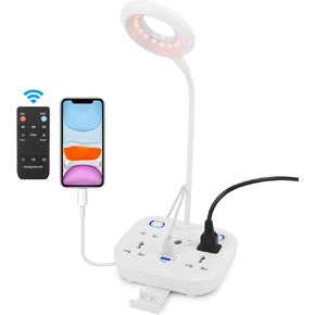 LED Desk Lamp, Adjustable Table Lamp Light with Remote Control, Eye-Caring Dimmable Office Lamp with 2 USB Charging Ports, 4 AC Power Outlets, Phone Stand, Multi Brightness Levels White