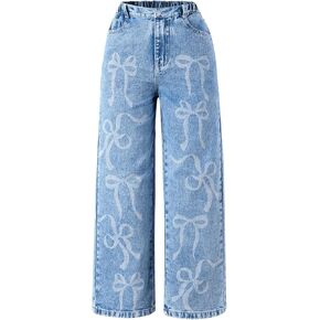 Floerns Girl's Y2k Bowknot Print Jeans Straight Leg High Waisted Denim Pants