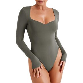 REORIA Womens Trendy Sexy Sweetheart Neck Double Lined Layering Long Sleeve Body Suit Going Out Bodysuits Tops in Kuwait