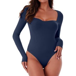 REORIA Women's Sexy Fall Long Sleeve Bodysuits Square Sweetheart Neck Body Suit Going Out Double Lined Thong Top