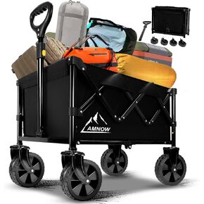 Collapsible Folding Beach Wagon Cart, Utility Large Capacity Cart Foldable Wagon with All Terrain Wheels, Grocery Wagon Cart for Garden Shopping Sports Camping, Black