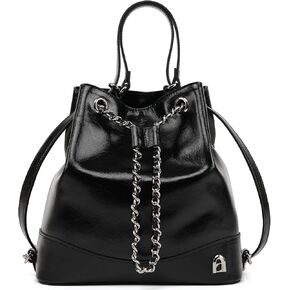 LA FESTIN Leather Purses for Women Cute Backpack Lightweight Shoulder Small Trendy Bucket Handbags with Strap Silver Chain (Black)