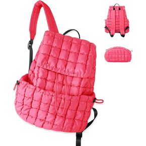 Iqimott Quilted Puffer Backpack for Women, Fashion Nylon Puffy Casual Backpack, Lightweight Hiking Gym Daypack Puffy Padding Preppy Travel Bag with Adjustable Top Flap Drawstring (Black)