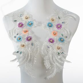 Pair Embroidered Beaded Pearl Peacock Fabric Colorful Rhinestones Applique, Handmade Sewing Tool for Wedding Dress Gown Bodice Costume Clothing Craft DIY (Gold)