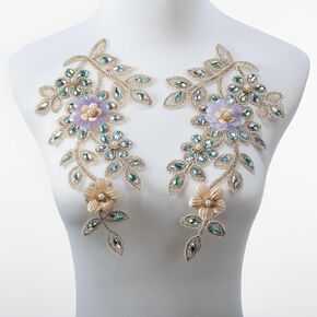 Pair Embroidered Beaded Pearl Peacock Fabric Colorful Rhinestones Applique, Handmade Sewing Tool for Wedding Dress Gown Bodice Costume Clothing Craft DIY (Gold) in Kuwait