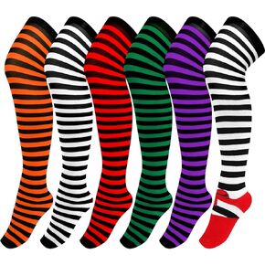 Jinei 6 Pairs Halloween Witch Socks Striped Knee High Thigh High Stockings Striped over the Knee Witch Socks Women Orange Black Green White Red Purple Stockings for Cosplay Party Costumes
