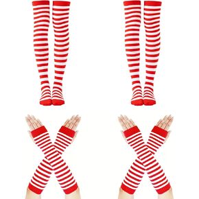 4 Pairs Striped High Knee Socks,Red and White Socks Long Arm Warmer Gloves Crazy Outfits for Cosplay Costume Dress Up Birthday Halloween Party Supplies