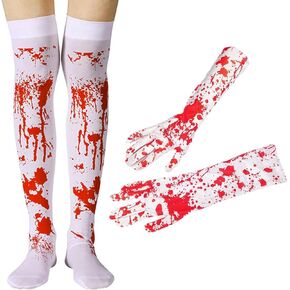 2 Pairs Halloween Bloody Socks Gloves Thigh High Stockings Blood Stained Gloves Horror Halloween Cosplay Costumes for Women Girls