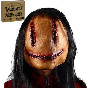 SelfTek Scary Halloween Mask with Wigs, Horror Devil Demon Mask Stitching Woman Ghost Natural Latex Mask Creepy Scary Evil Mask for Masquerade Party Cosplay Props, Themed Party