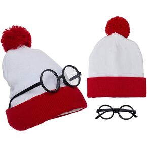 Red and White Beanie Hat and Glasses Frame Set Men Women Knitted Hat Halloween Costume Accessory