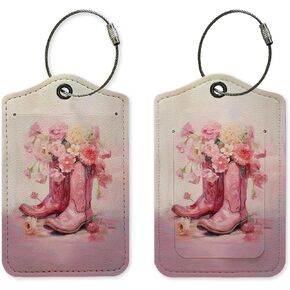 Pink Western Luggage Tag, Preppy Floral Cowgirl Boots Luggage Tags for Suitcases, Cowgirl Gifts, Western Gifts for Women, Privacy Protection PU Leather Travel Name Tags Identifiers for Luggage in Kuwait