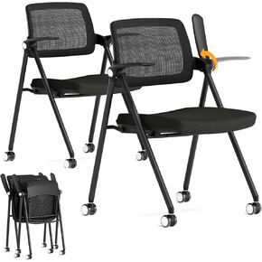 FYLICA Stackable & Foldable Office Chair, Folding Desk Chair with Flip-Up Armrest, Breathable Mesh, Thick Seat Cushion & Rocking Backrest, Conference Room Chair with Wheel (Green，1)