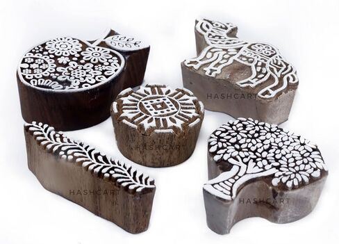 Hashcart Wooden Stamp Block, Printing Stamp Design Set | Block for Printing Saree Border | Dresses, Craft Card Making, Scrapbook, Clay Pottery | Set of 5 in Kuwait