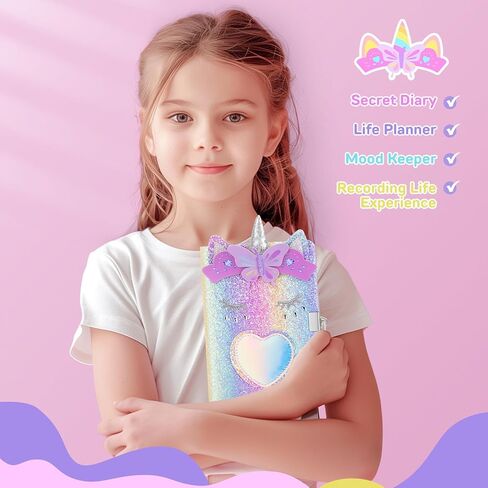 homicozy Unicorn Diary with Lock,Gift for 6 7 8 Year Old Girl,Glitter Seceret Journal for Kids with 160 Pages,Shiny Notebook for Writing and Drawing,Cute Stationery Back to School Gift in Kuwait