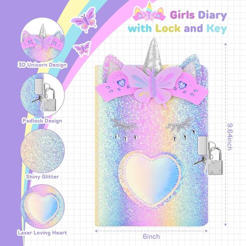 homicozy Unicorn Diary with Lock,Gift for 6 7 8 Year Old Girl,Glitter Seceret Journal for Kids with 160 Pages,Shiny Notebook for Writing and Drawing,Cute Stationery Back to School Gift in Kuwait