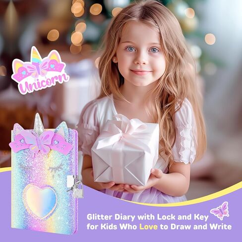 homicozy Unicorn Diary with Lock,Gift for 6 7 8 Year Old Girl,Glitter Seceret Journal for Kids with 160 Pages,Shiny Notebook for Writing and Drawing,Cute Stationery Back to School Gift in Kuwait