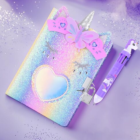 homicozy Unicorn Diary with Lock,Gift for 6 7 8 Year Old Girl,Glitter Seceret Journal for Kids with 160 Pages,Shiny Notebook for Writing and Drawing,Cute Stationery Back to School Gift in Kuwait