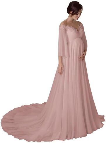 Off Shoulder Maternity Dress for Wedding V Neck A Line Chiffon Long Sleeve Pregnancy Gown for Baby Shower Photoshoot in Saudi Arabia