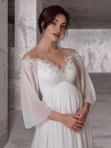 Off Shoulder Maternity Dress for Wedding V Neck A Line Chiffon Long Sleeve Pregnancy Gown for Baby Shower Photoshoot in Saudi Arabia