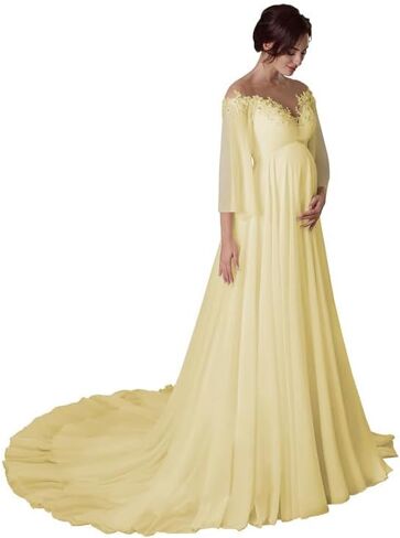 Off Shoulder Maternity Dress for Wedding V Neck A Line Chiffon Long Sleeve Pregnancy Gown for Baby Shower Photoshoot in Saudi Arabia