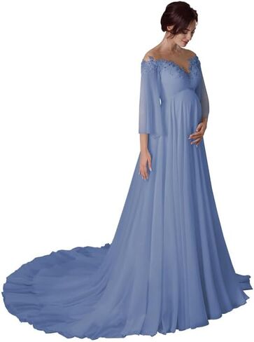 Off Shoulder Maternity Dress for Wedding V Neck A Line Chiffon Long Sleeve Pregnancy Gown for Baby Shower Photoshoot in Saudi Arabia