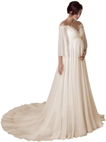 Off Shoulder Maternity Dress for Wedding V Neck A Line Chiffon Long Sleeve Pregnancy Gown for Baby Shower Photoshoot in Saudi Arabia