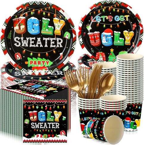 Yaomiao 240 Pcs Xmas Ugly Sweater Party Supplies Tacky Sweater Plates Xmas Party Decoration for Christmas Holiday Tableware Set Plates Napkins Cups Forks for Birthday Xmas Serves 30 in Kuwait