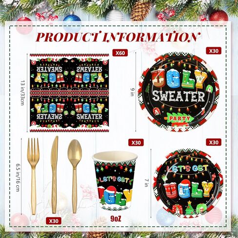 Yaomiao 240 Pcs Xmas Ugly Sweater Party Supplies Tacky Sweater Plates Xmas Party Decoration for Christmas Holiday Tableware Set Plates Napkins Cups Forks for Birthday Xmas Serves 30 in Kuwait