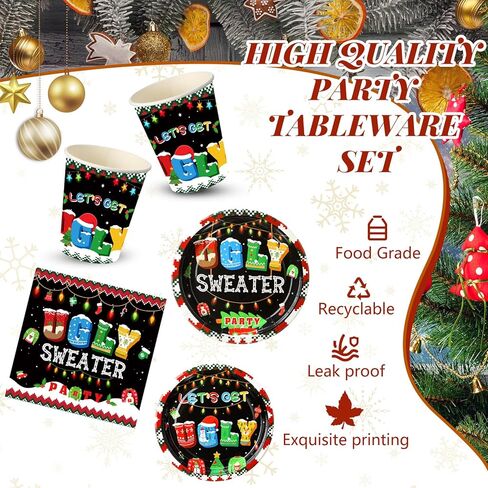 Yaomiao 240 Pcs Xmas Ugly Sweater Party Supplies Tacky Sweater Plates Xmas Party Decoration for Christmas Holiday Tableware Set Plates Napkins Cups Forks for Birthday Xmas Serves 30 in Kuwait