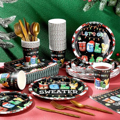 Yaomiao 240 Pcs Xmas Ugly Sweater Party Supplies Tacky Sweater Plates Xmas Party Decoration for Christmas Holiday Tableware Set Plates Napkins Cups Forks for Birthday Xmas Serves 30 in Kuwait