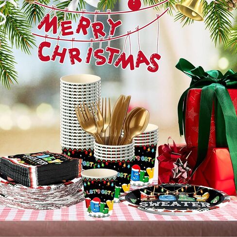 Yaomiao 240 Pcs Xmas Ugly Sweater Party Supplies Tacky Sweater Plates Xmas Party Decoration for Christmas Holiday Tableware Set Plates Napkins Cups Forks for Birthday Xmas Serves 30 in Kuwait