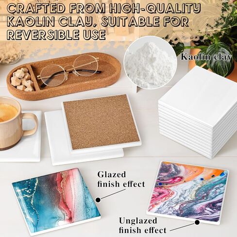 Ceramic Tiles for Crafts, GOH DODD 24 Pack Glossy Glazed Blanks White Coasters with Unglazed Side and 24 Cork Backing Pads for Alcohol Ink, Painting, Sublimation, Heat Transfer, Square, 4 Inch in Kuwait