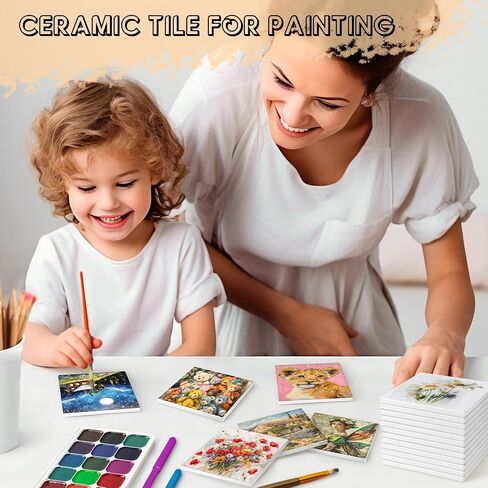 Ceramic Tiles for Crafts, GOH DODD 24 Pack Glossy Glazed Blanks White Coasters with Unglazed Side and 24 Cork Backing Pads for Alcohol Ink, Painting, Sublimation, Heat Transfer, Square, 4 Inch in Kuwait